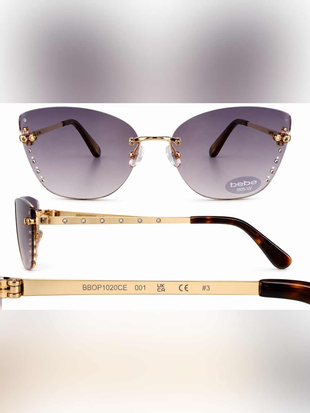 bebe Gold Frame Rimless Sunglasses with Gray Gradient Lenses (No Case)